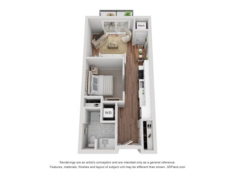 1 Bed, 1 Bath apartment at 562 Sq. Ft. From the entry door, the bathroom is to the left, followed by the bedroom, the living room, and the patio. From the entry door on the right side is the storage area, followed by the kitchen, and then the dining area.
